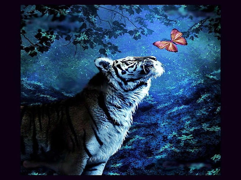 Diversity_, tiger, butterfly, trees, blue, HD wallpaper