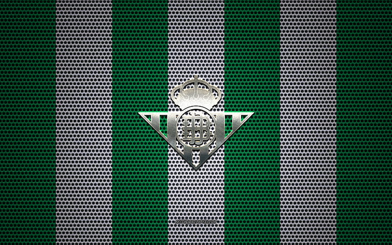 Real Betis logo, Spanish football club, metal emblem, white-green metal mesh background, Real Betis, La Liga, Seville, Spain, football, HD wallpaper