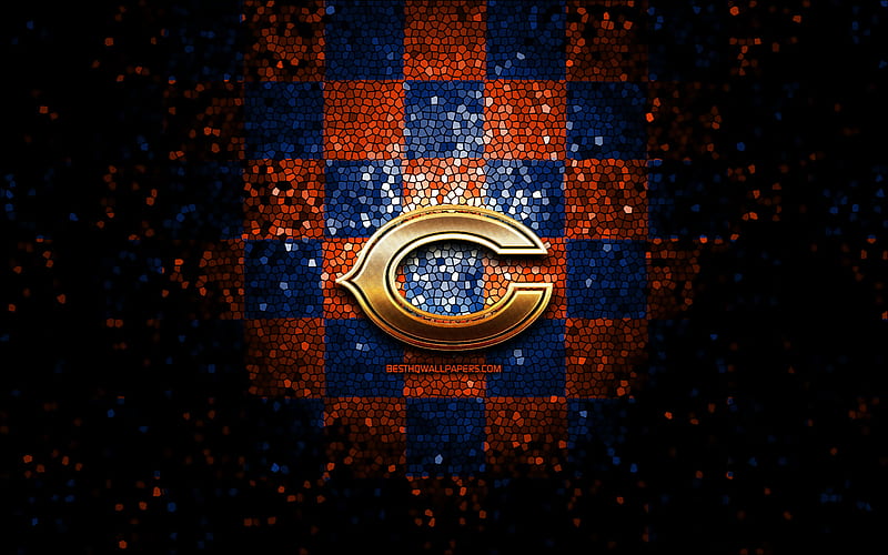 Chicago Bears, glitter logo, NFL, blue orange checkered background, USA, american football team, Chicago Bears logo, mosaic art, american football, America, HD wallpaper