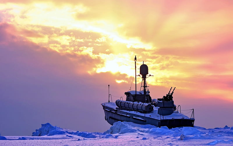on ice, ice, boat, patrol, navy, HD wallpaper