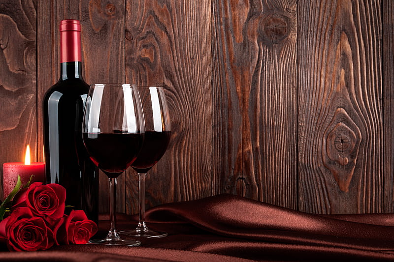 Wine glasses, Bottle, Roses, Fire, Candle, HD wallpaper