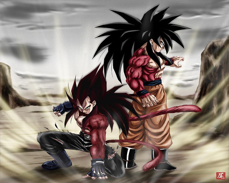 Super Saiyans, goku, boots, tails, green eyes, duo, spiky hair, dragonball, dragonball gt, anime, son goku, long hair, fur, black hair, ssj4, saiyans, vegeta, cool, belt, torn clothing, HD wallpaper