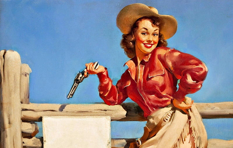Cowgirl, red, art, woman, hat, Gil Elvgren, gun, girl, painting, blue, HD wallpaper