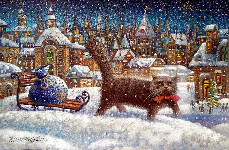 Santa Cat, sleigh, snow, houses, town, bag, artwork, gifts, winter, HD wallpaper
