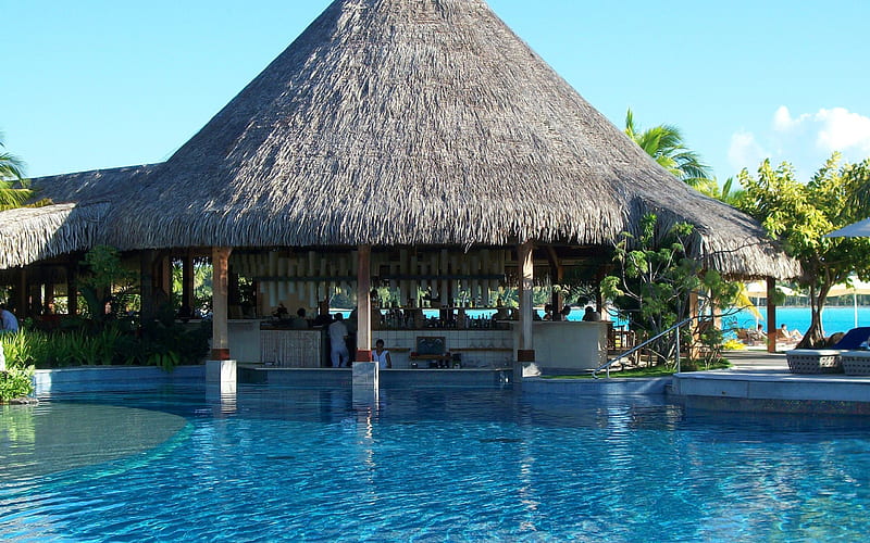 tropical island, hotel, swimming pool, bungalows, bar, travel, HD wallpaper