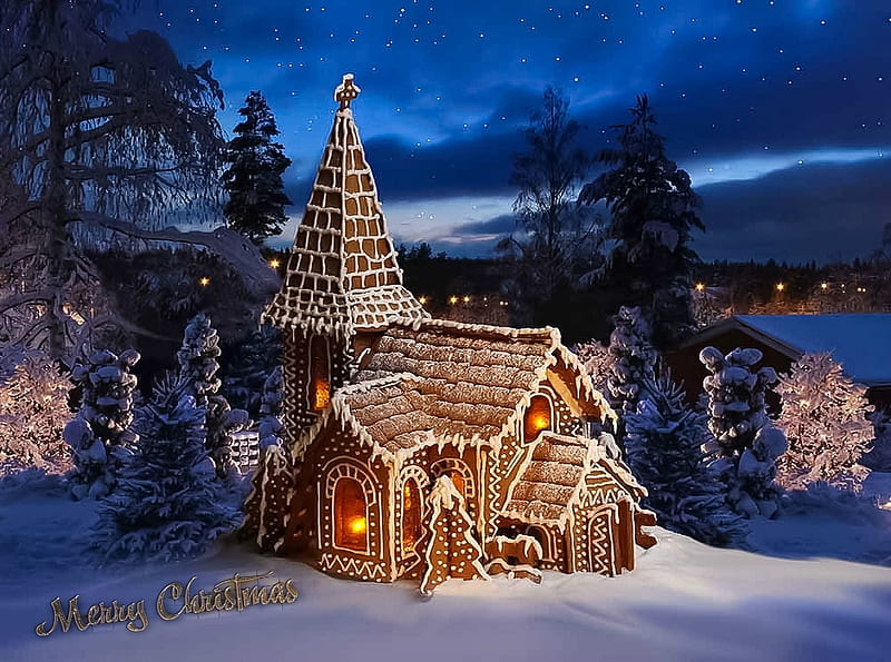 Merry Christmas, cakes, snow, trees, HD wallpaper