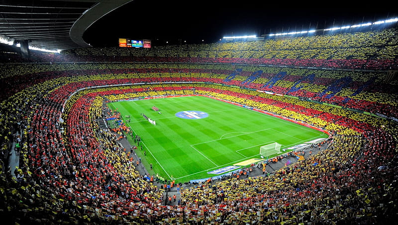 camp nou soccer stadium in barcelona, soccer, stadium, night, field, HD wallpaper