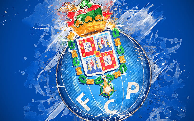 FC Porto paint art, logo, creative, Portuguese football team, Primeira Liga, emblem, blue background, grunge style, Porto, Portugal, football, HD wallpaper