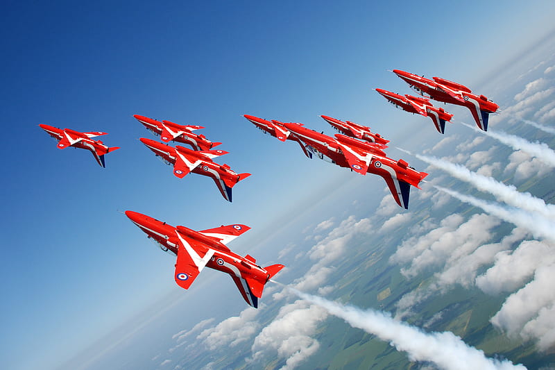 The Red Arrows display over RAF Scampton, Aerobatics team, Red Arrows, RAF Display team, RAF Scampton, HD wallpaper