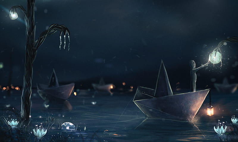 Anime, Original, Lantern, Night, Paper Boat, Water, HD wallpaper