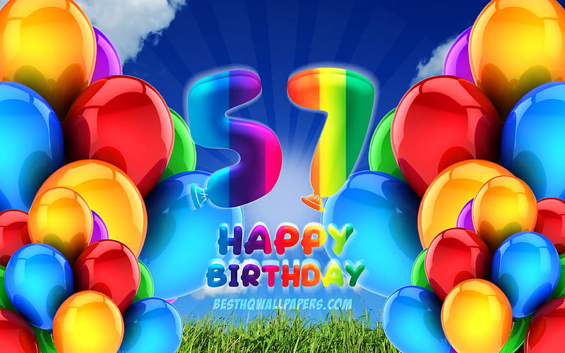 Happy 57 Years Birtay, cloudy sky background, Birtay Party, colorful ballons, Happy 57th birtay, artwork, 57th Birtay, Birtay concept, 57th Birtay Party, HD wallpaper