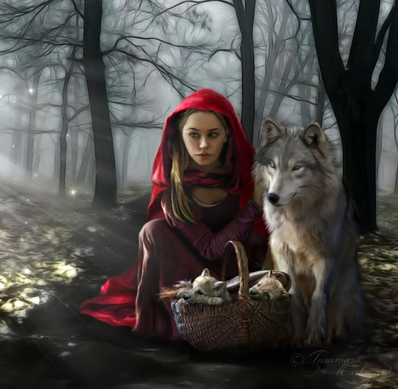 Together we will take care of your babies, forest, fantasy, girl, tales, babies, wolf, wolves, red riding hood, HD wallpaper