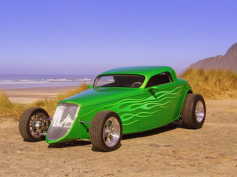 1933 Ford Speedstar Coupe, 33, coupe, cool, hot rod, flames, green, speedstar, ford, classic, 1933, HD wallpaper