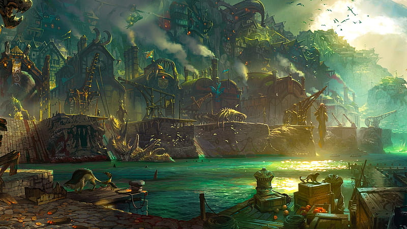 fantasy port, creatures, pirates, buildings, pier, Fantasy, HD wallpaper