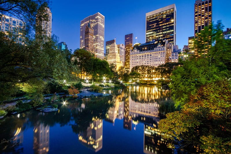 Central Park, New York, city, water, buildings, r, reflections, lake, lights, HD wallpaper