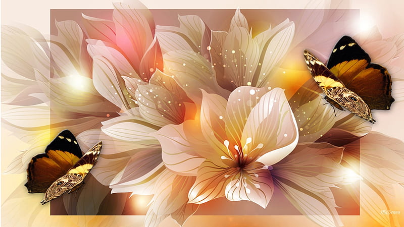 Lily Butterfly Abstraction, glow, flowers, shine, lilies, butterflies, lights, Firefox Persona theme, floral, HD wallpaper