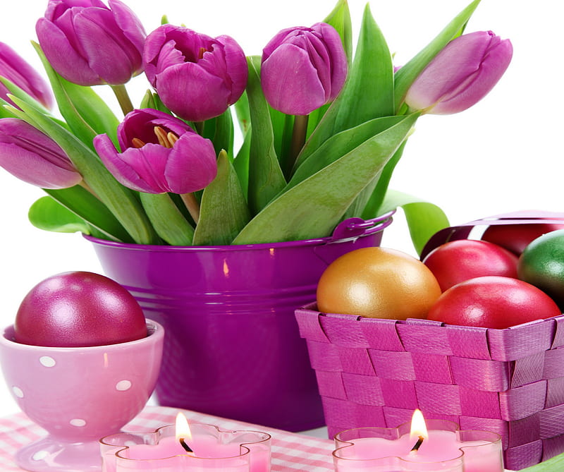Easter, candle, celebration, christian, eggs, flowers, jesus, tulips, HD wallpaper
