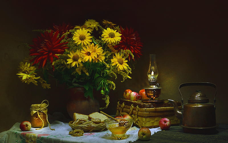 Still life with flowers, Flowers, Honey, Vase, Tea, Bread, HD wallpaper