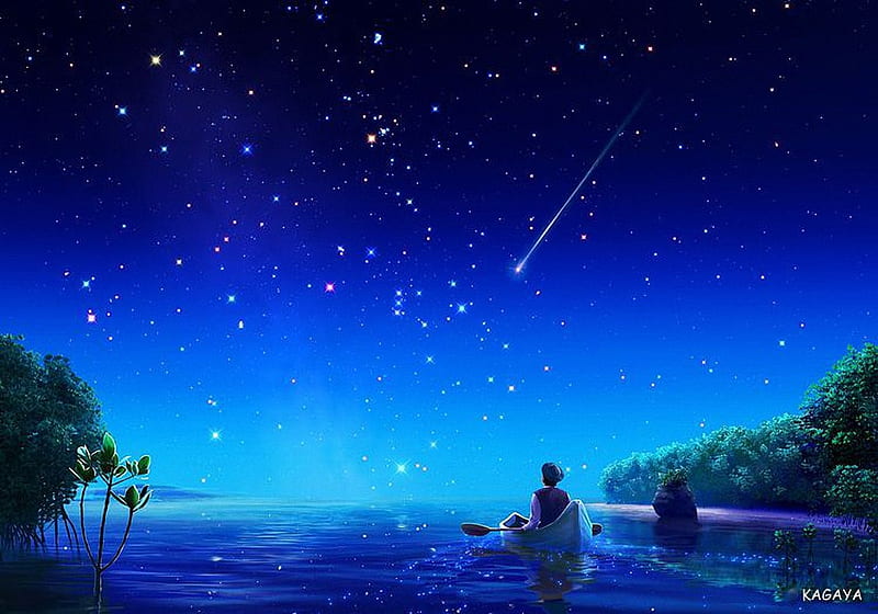 Evening Sky, stars, boat, water, tree, digital, river, artwork, HD wallpaper