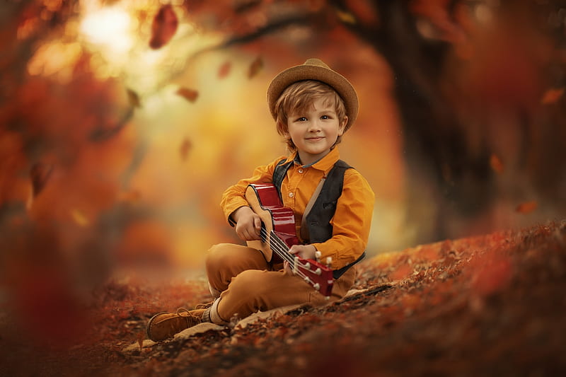 :), autumn, boy, instrument, guitar, copil, child, jansone dace, leaf, toamna, HD wallpaper