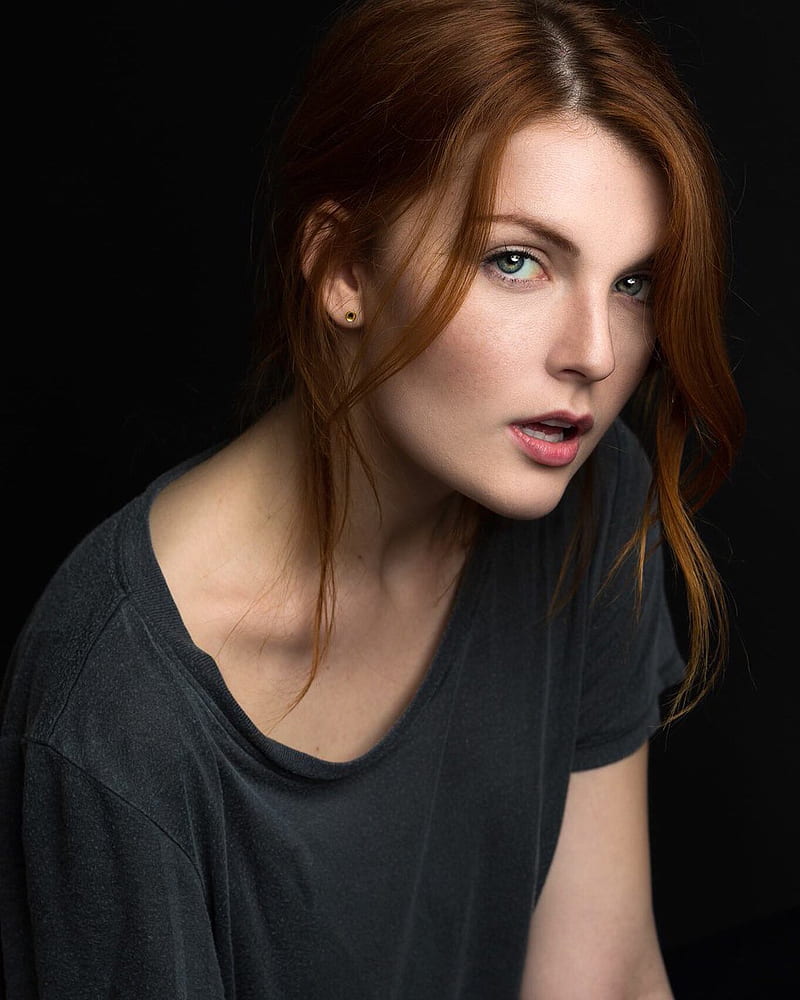 Elyse DuFour, women, actress, blue eyes, redhead, portrait, black t-shirt, T-shirt, HD phone wallpaper