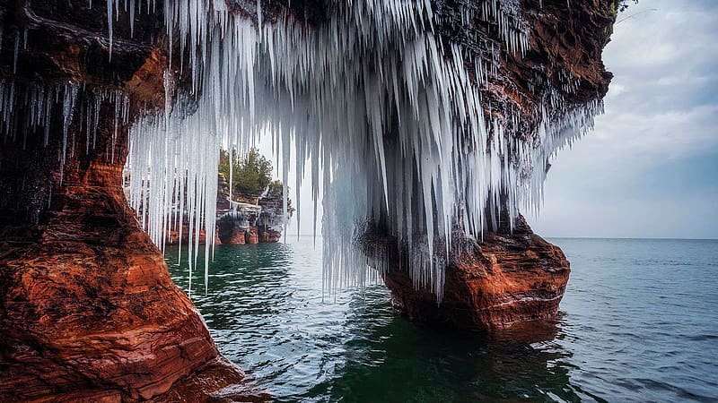 Apostle Islands National Lakeshore - Devil’s Island Ice Arch, icycles, rocks, Wisconsin, usa, lake superior, HD wallpaper