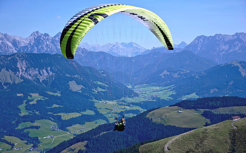 Paragliding in Austria, Austria, valley, mountains, paraglider, HD wallpaper