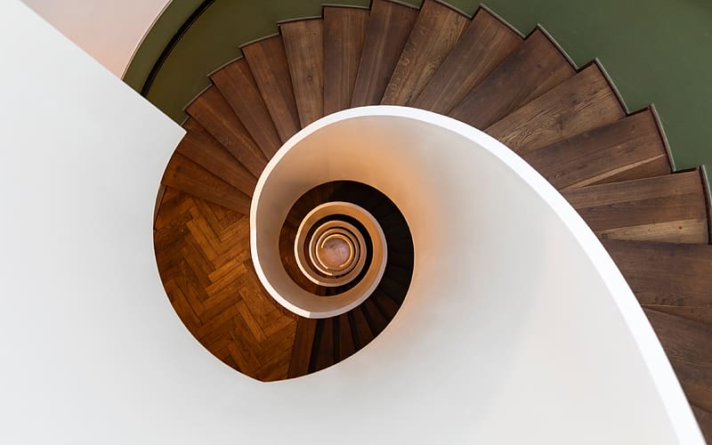 Staircase, texture, spiral, white, zurich, view from the top, swirl, brown, stairs, pascal meier, abstract, switzerland, HD wallpaper