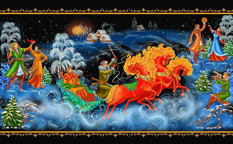 Winter Folk Art, sleigh, houses, tambourine, trees, dancing, horses, winter, moon, snow, full moon, HD wallpaper