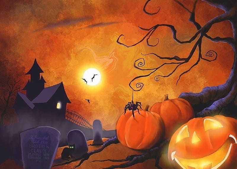 B o o, moons, fall season, autumn, halloween, love four seasons, digital art, spooky, black cat, pumpkin, pumpkins, night, HD wallpaper