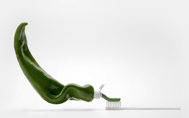 Pepper toothpaste, green, toothbrush, pepper, funny, white, cream, toothpaste, HD wallpaper