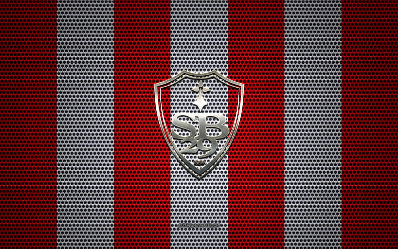 Stade Brestois 29 logo, French football club, metal emblem, white-red metal mesh background, Stade Brestois 29, Ligue 1, Brest, France, football, HD wallpaper