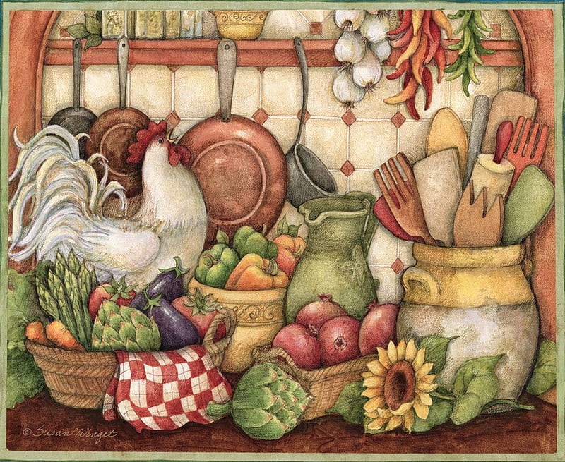 Country Kitchen, FRUITS, ROOSTER, KITCHEN, COUNTRY, HD wallpaper