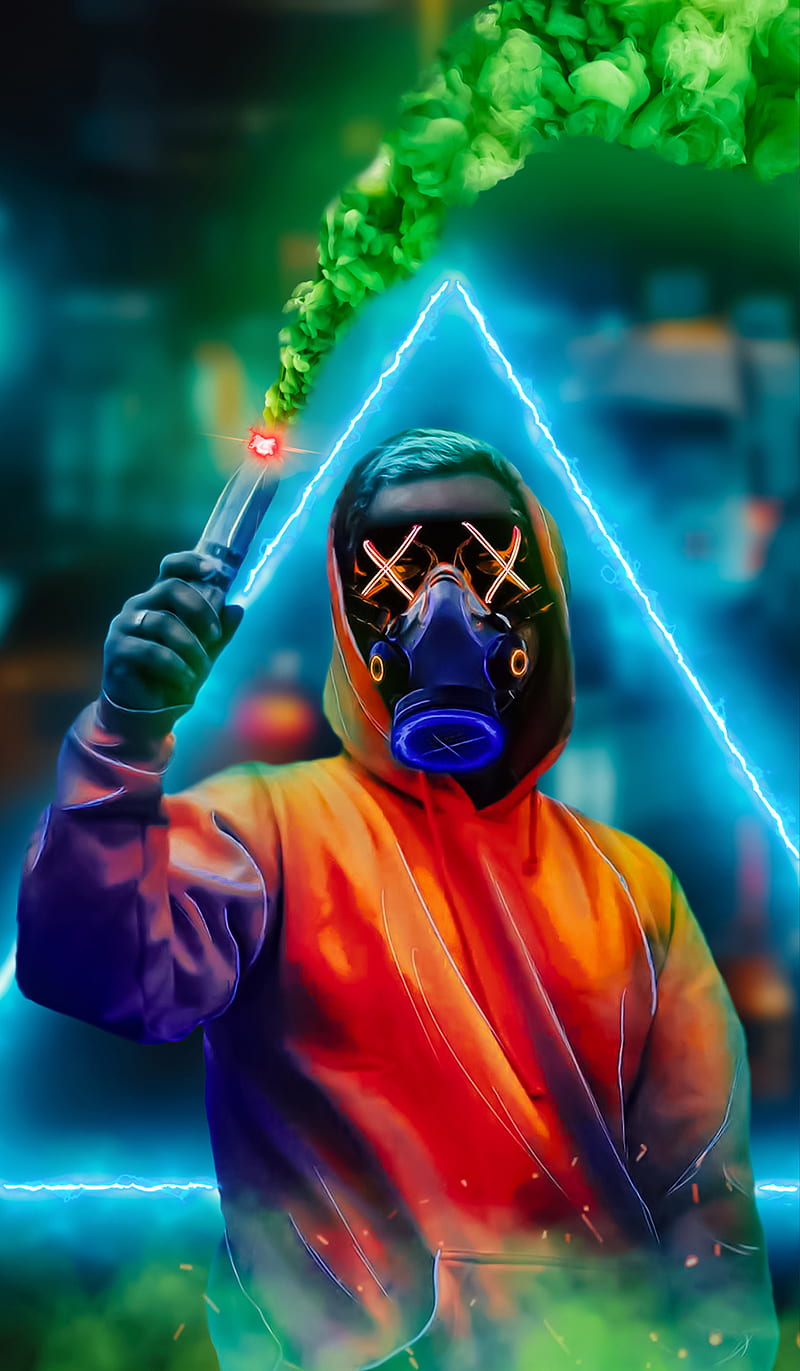NEON MASK MAN, city, light, man, mask, neon, people, smoke, spark, triangle, HD phone wallpaper
