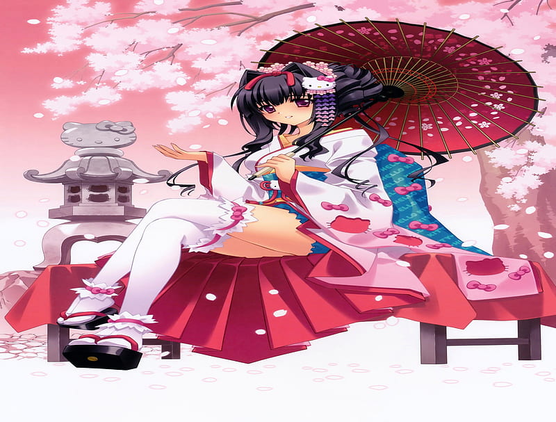Miyabi Sakuya, blush, umbrella, thighhighs, cherry blossom, hello kitty, flower hair, hot, anime girl, carnelian, black hair, female, kitty, sexy, cool, japanese clothes, sitting, petals, HD wallpaper