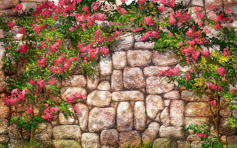 GARDEN WALL, rocks, artwork, building, stones, walls, flowers, gardens, pinks, blooms, structures, HD wallpaper