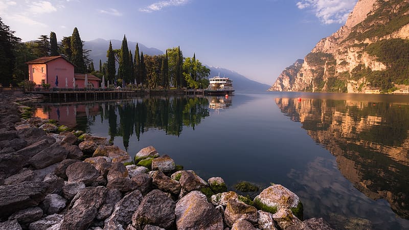 Lake Garda, Italy, rocks, water, stones, ship, landscape, trees, HD wallpaper