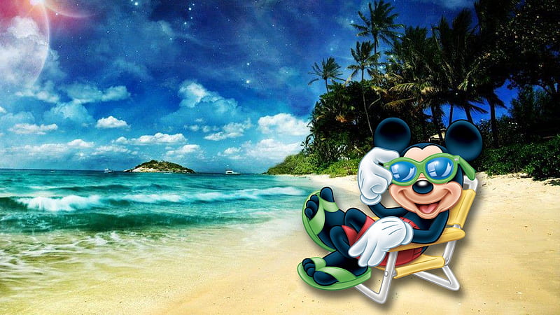 Mickey at the Beach, Mouseketeer, chair, Mickey Mouse, vacatiion, sea, Walt Disney, movie, Disney World, beach, sand, Disneyland, HD wallpaper