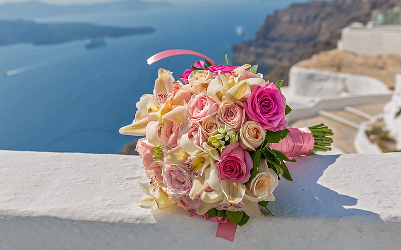 wedding bouquet orange roses, bridal bouquet, wedding Santorini, Greece, HD wallpaper