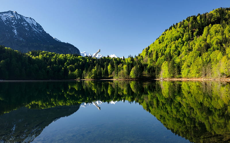 Freiberg Lake summer, mountains, german landmarks, forest, Europe, Oberstdorf, Germany, HD wallpaper