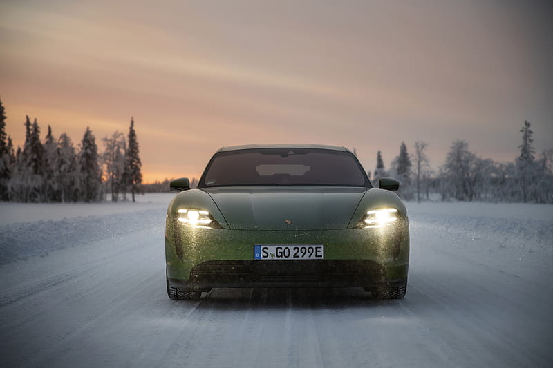 Winter, Porsche, Snow, Car, Vehicles, Green Car, Porsche Taycan 4S, HD wallpaper