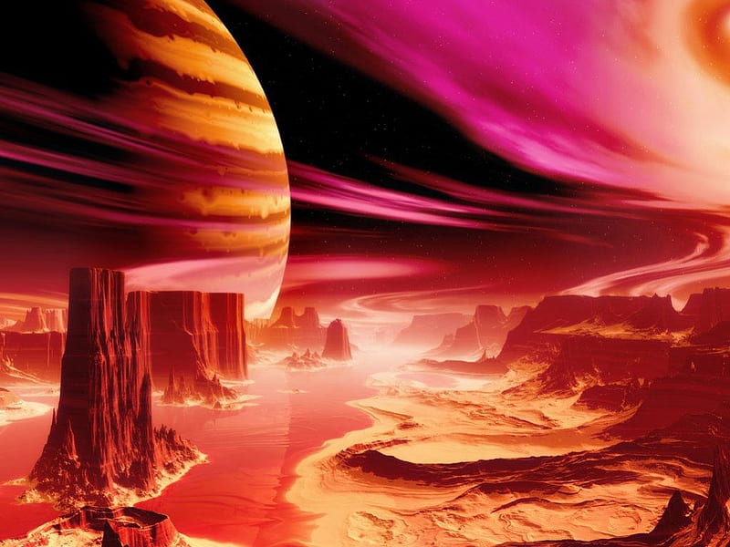 Red Planets, rotation, burning, sky, gigantic, landscape, HD wallpaper