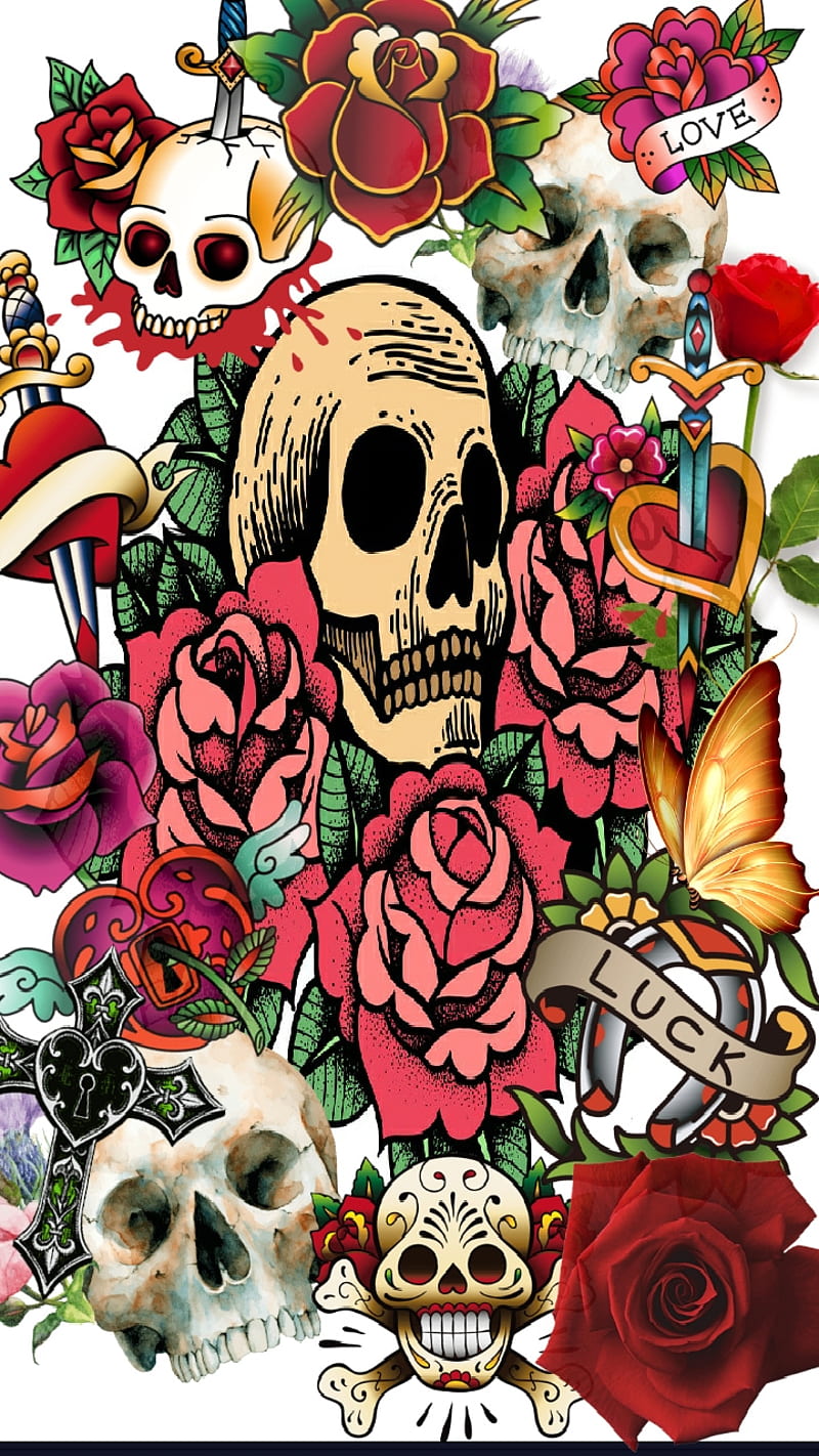 Sugar Death, skull, roses, red, sword, love, dead, HD phone wallpaper