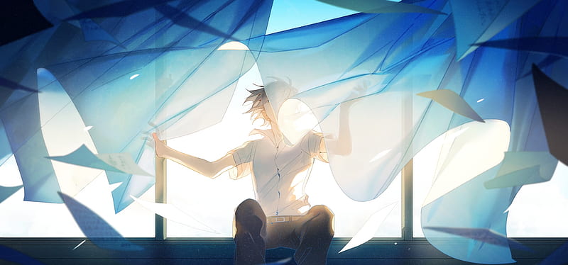 anime boy, curtain, school uniform, polychromatic, windy, Anime, HD wallpaper