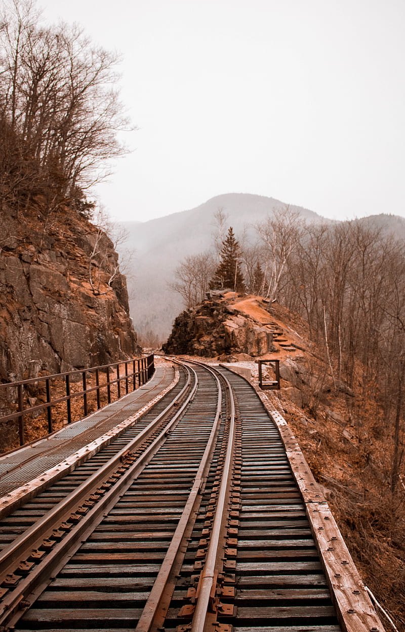 brown and gray train rails between rock hill and cliff, HD phone wallpaper