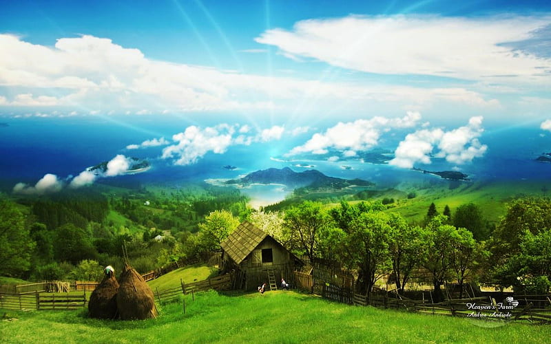 Heaven\'s Farm !!!, 3d-art, house, grass, abstract, sky, farm, green, summer, heaven, nature, landscape, light, blue, HD wallpaper