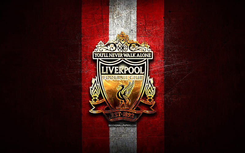 Liverpool FC, golden logo, LFC, Premier League, red metal background, football, FC Liverpool, english football club, Liverpool logo, soccer, England, HD wallpaper