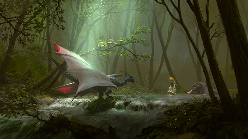 Playing with friends, forest, art, fantasy, luminos, girl, philipp a urlich, dragon, HD wallpaper
