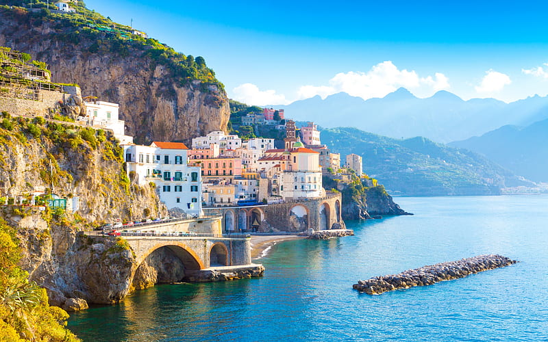 Amalfi, Gulf of Salerno, evening, sunset, rocks, beautiful Italian city, tourism to Italy, Salerno, Campania, Italy, HD wallpaper