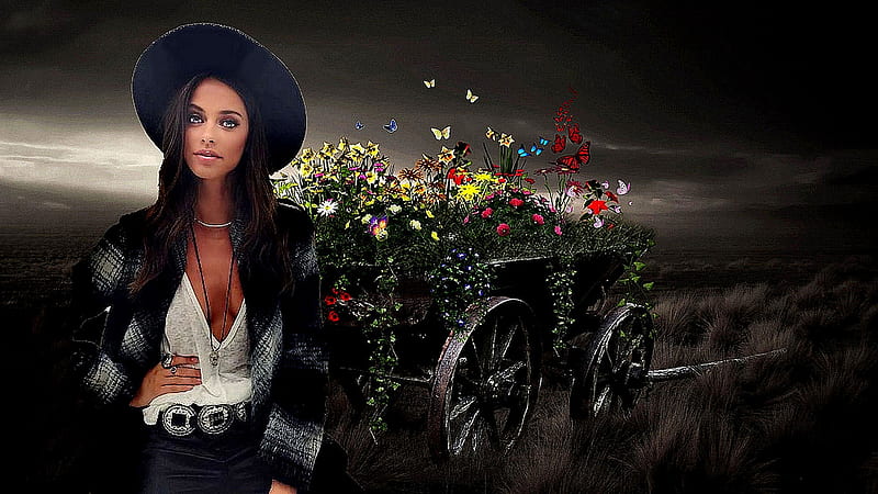 Cart Of Flowers. ., hats, cowgirl, outdoors, brunettes, fantasy, wagon, flowers, western, HD wallpaper